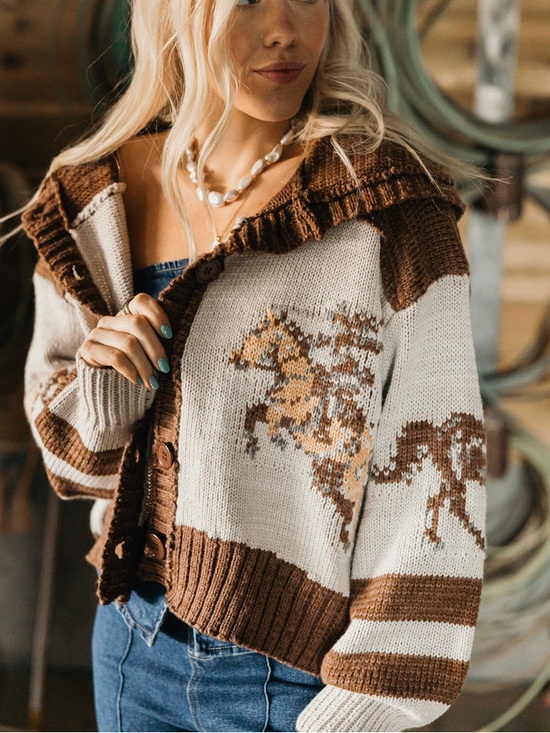 Veveret Sweaters - Veveret Heavy Knit Western Horse Print Brown Button Up Sweater Cardigan Medium